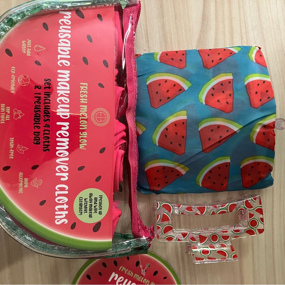 Watermelon Makeup Remover Cloths, tote and jaw clip